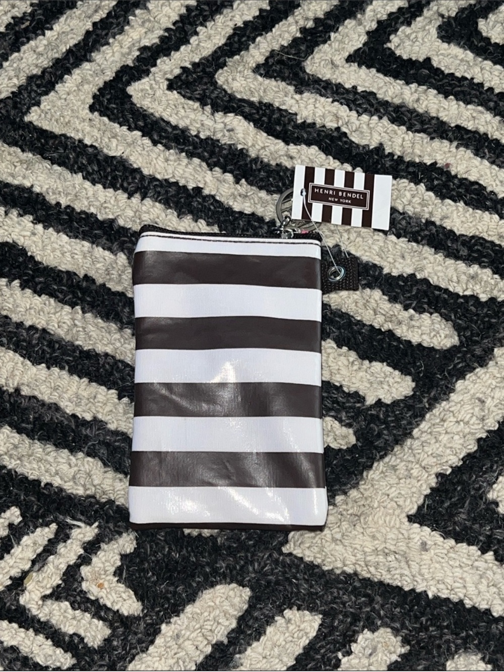 henri bendel Black and White Striped Zip Card Case with Key Ring
